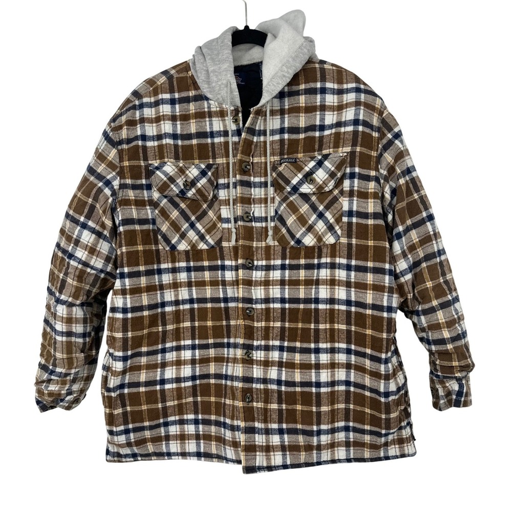 Dickies Hooded Flannel Shirt Jacket Mens XL Brown Plaid Quilted Lined Workwear